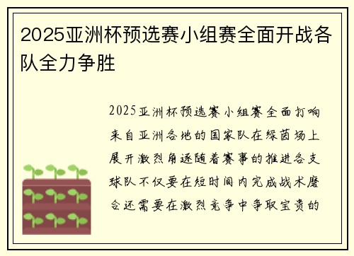 2025亚洲杯预选赛小组赛全面开战各队全力争胜